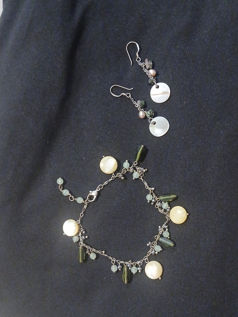 Delicate Pearl and Green Bead Dangle Earrings & Bracelet Set